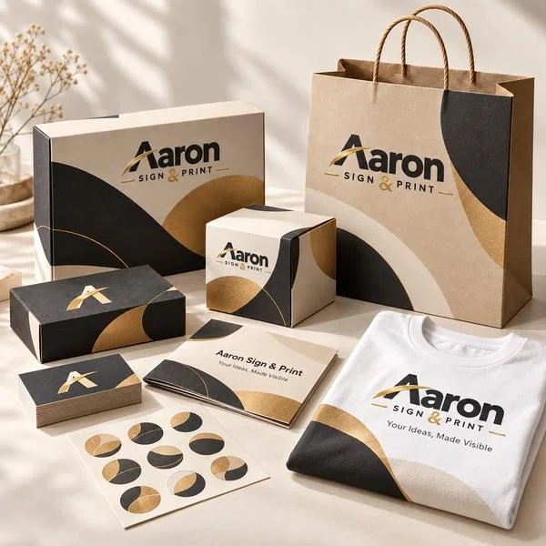 Aaron branded paper bags, business cards, boxes, booklet and T-shirt