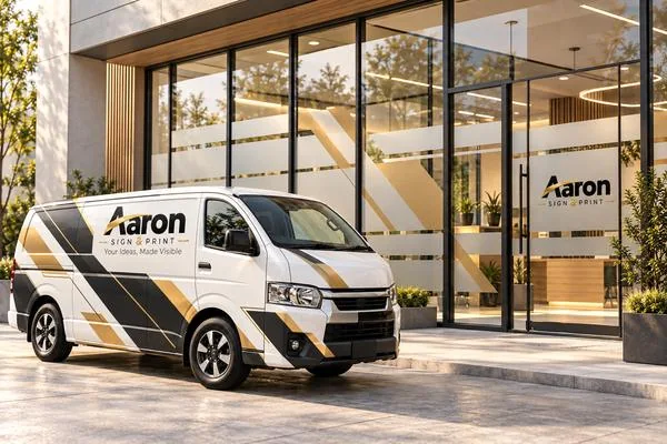 Branded Aaron van outside an office with frosted window stickers